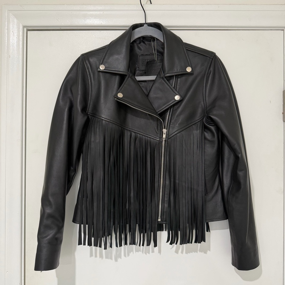 Shaan Genuine Leather Fringe Black Leather Moto Jacket NWT!!!